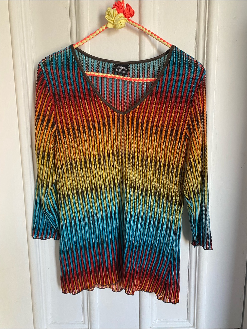 Vintage Multicolor Pleated V-Neck 3/4 Length Sleeve Top - Red Yellow Blue